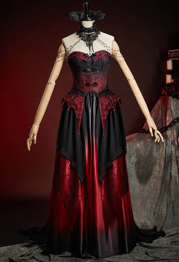 Spectral Petal Gothic Black and Red Gradient Corset Skirt Set Vampire Fantasy Fairy Style Bat Corset Top and Skirt with Shawl Spectral Petal Gothic Black and Red Gradient Corset Skirt Set Vampire Fantasy Fairy Style Bat Corset Top and Skirt with Shawl