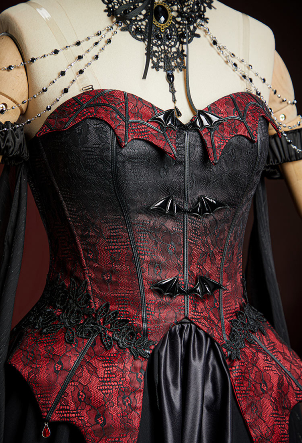 Spectral Petal Gothic Black and Red Gradient Corset Skirt Set Vampire Fantasy Fairy Style Bat Corset Top and Skirt with Shawl Spectral Petal Gothic Black and Red Gradient Corset Skirt Set Vampire Fantasy Fairy Style Bat Corset Top and Skirt with Shawl
