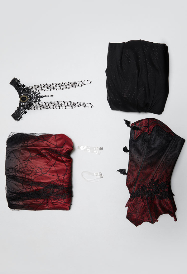 Spectral Petal Gothic Black and Red Gradient Corset Skirt Set Vampire Fantasy Fairy Style Bat Corset Top and Skirt with Shawl Spectral Petal Gothic Black and Red Gradient Corset Skirt Set Vampire Fantasy Fairy Style Bat Corset Top and Skirt with Shawl