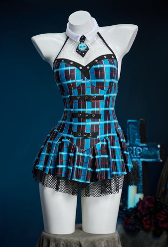 Haunted Night Blue Plaid Swimsuit Hanging Neck One Piece Swimsuit Beach Dress with Tie