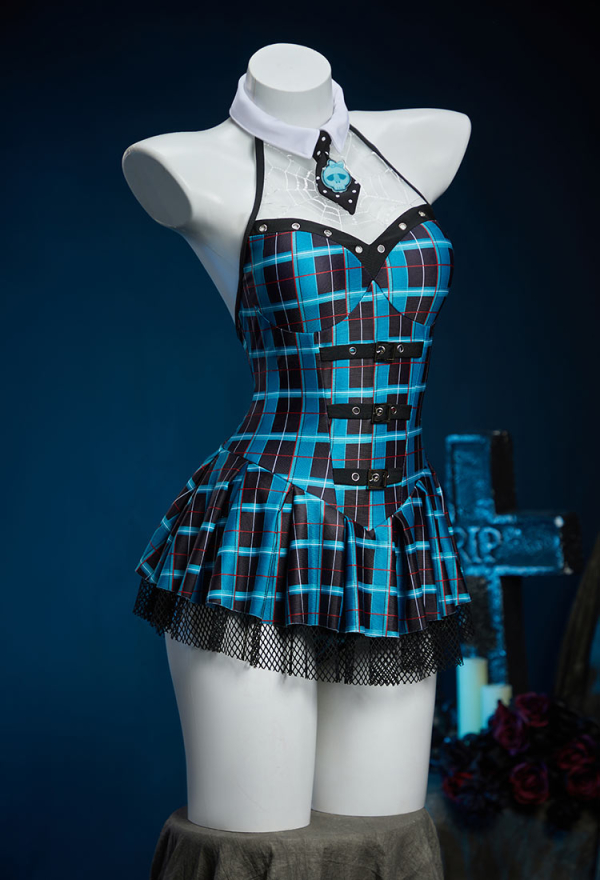 Haunted Night Blue Plaid Swimsuit Hanging Neck One Piece Swimsuit Beach Dress with Tie
