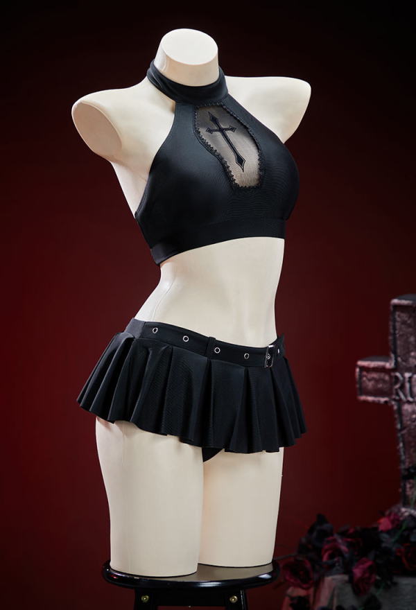 Rust Cage Gothic Black Two-piece Swimsuit Dark Style Coffin-shaped Cutout Mesh Patchwork Top With Mini Culottes