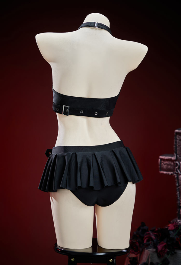 Rust Cage Gothic Black Two-piece Swimsuit Dark Style Coffin-shaped Cutout Mesh Patchwork Top With Mini Culottes