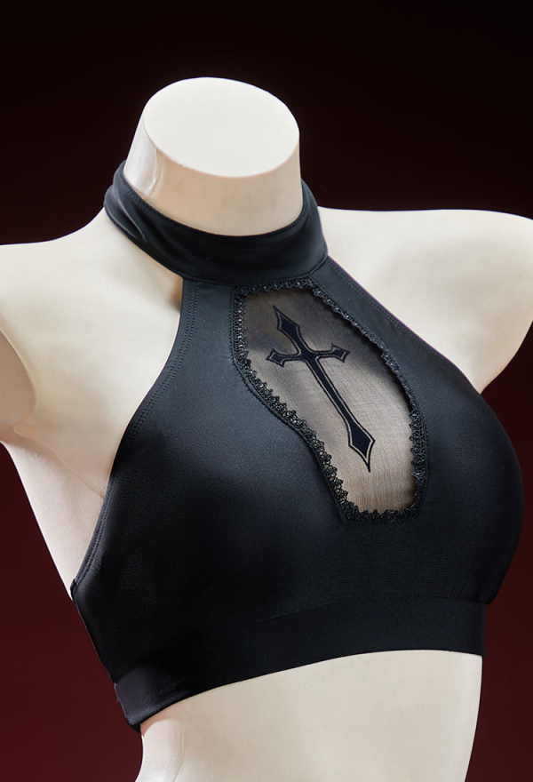 Rust Cage Gothic Black Two-piece Swimsuit Dark Style Coffin-shaped Cutout Mesh Patchwork Top With Mini Culottes