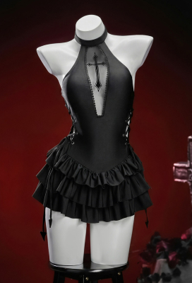 Rust Cage Gothic Black Side Lacing One Piece Swimsuit Dark Style Coffin-shaped Cutout Mesh Patchwork Bathing Suit