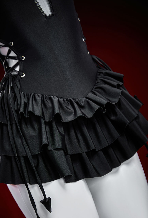 Rust Cage Gothic Black Side Lacing One Piece Swimsuit Dark Style Coffin-shaped Cutout Mesh Patchwork Bathing Suit