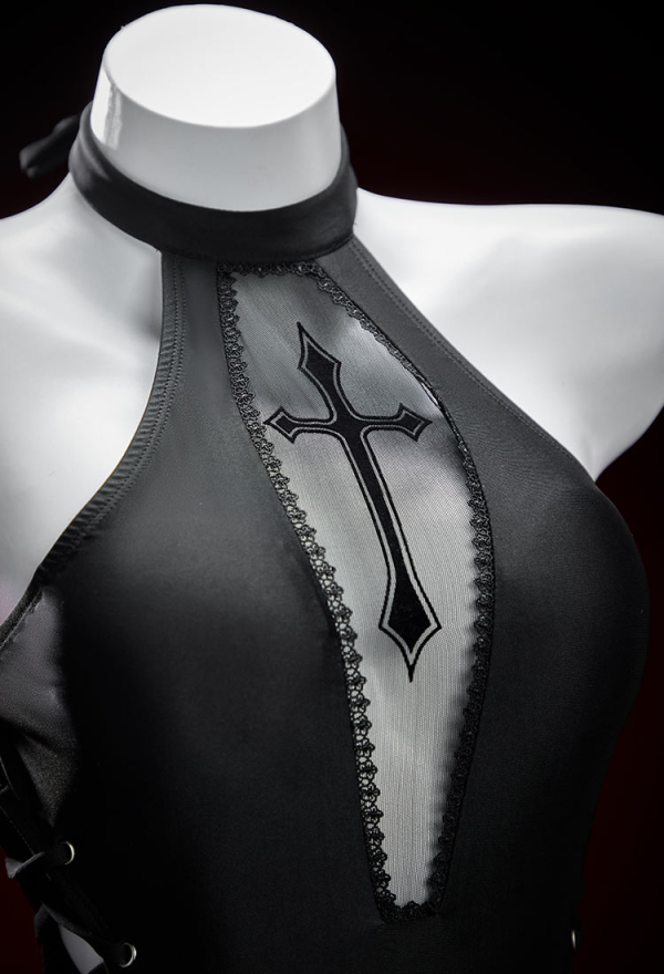 Rust Cage Gothic Black Side Lacing One Piece Swimsuit Dark Style Coffin-shaped Cutout Mesh Patchwork Bathing Suit
