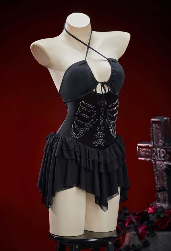 Bone To Be Wild Gothic Black Skeleton Pattern One Piece Swimsuit Dark Style Cutout Halter Bathing Suit