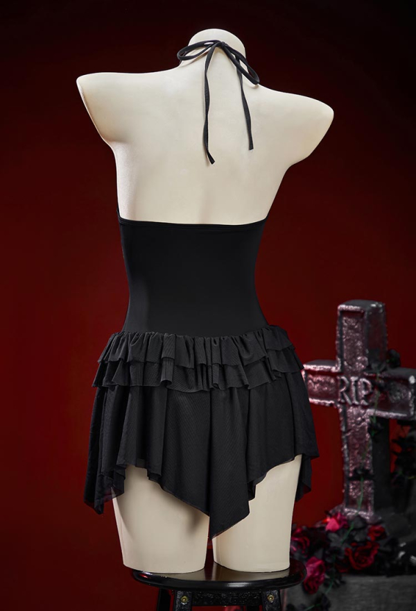 Bone To Be Wild Gothic Black Skeleton Pattern One Piece Swimsuit Dark Style Cutout Halter Bathing Suit