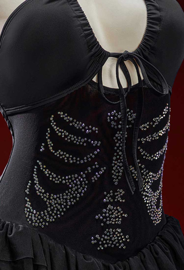 Bone To Be Wild Gothic Black Skeleton Pattern One Piece Swimsuit Dark Style Cutout Halter Bathing Suit