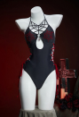 Pretty Crawler Gothic Black Spiderweb Design One Piece Swimsuit Cutout Lace Up Halter Bathing Suit