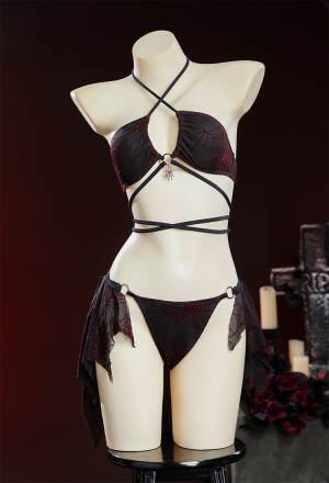 Pretty Crawler Gothic Black Red Spider Web Design Two Piece Swimsuit Dark Style Swimwear with Wrap Skirt