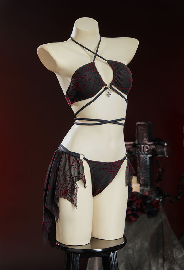 Pretty Crawler Gothic Black Red Spider Web Design Two Piece Swimsuit Dark Style Swimwear with Wrap Skirt