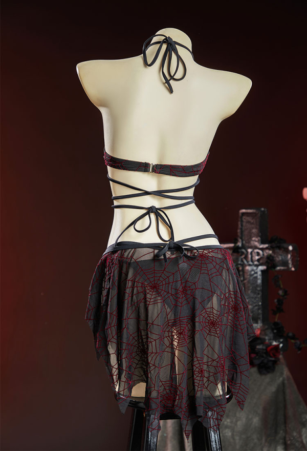 Pretty Crawler Gothic Black Red Spider Web Design Two Piece Swimsuit Dark Style Swimwear with Wrap Skirt