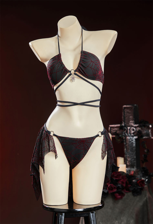 Pretty Crawler Gothic Black Red Spider Web Design Two Piece Swimsuit Dark Style Swimwear with Wrap Skirt