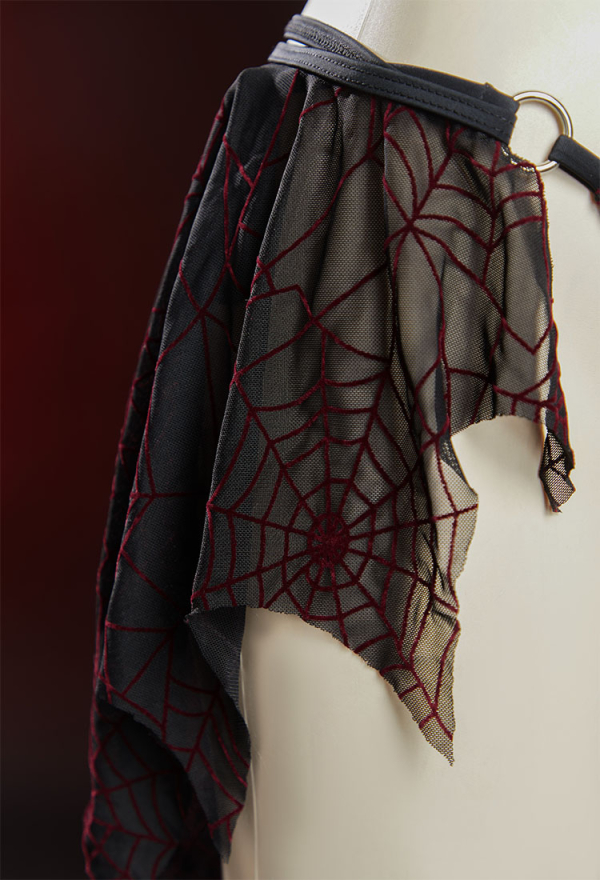 Pretty Crawler Gothic Black Red Spider Web Design Two Piece Swimsuit Dark Style Swimwear with Wrap Skirt