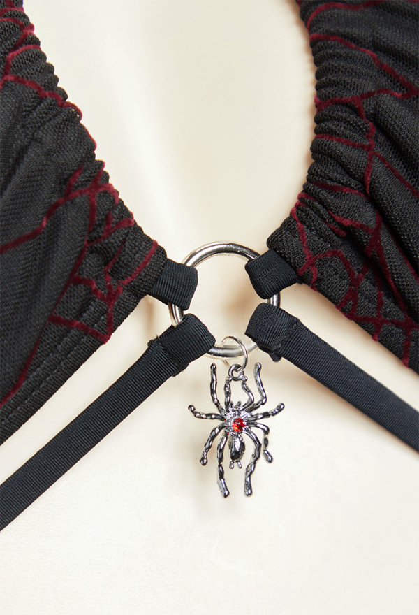 Pretty Crawler Gothic Black Red Spider Web Design Two Piece Swimsuit Dark Style Swimwear with Wrap Skirt