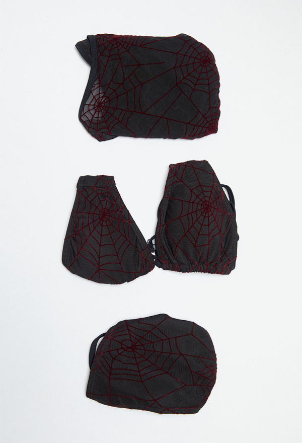 Pretty Crawler Gothic Black Red Spider Web Design Two Piece Swimsuit Dark Style Swimwear with Wrap Skirt