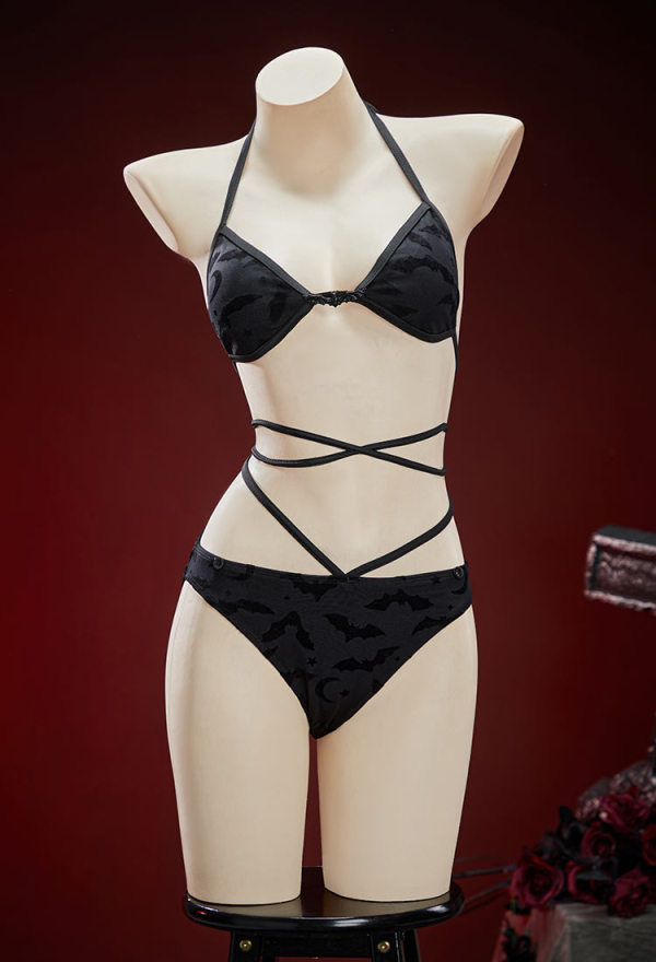 Nocturnal Waves Gothic Black Bat Pattern Two-piece Swimsuit Bikini Set Dark Style Lace Up Bathing Suit with Wrap Skirt