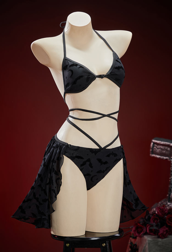 Nocturnal Waves Gothic Black Bat Pattern Two-piece Swimsuit Bikini Set Dark Style Lace Up Bathing Suit with Wrap Skirt