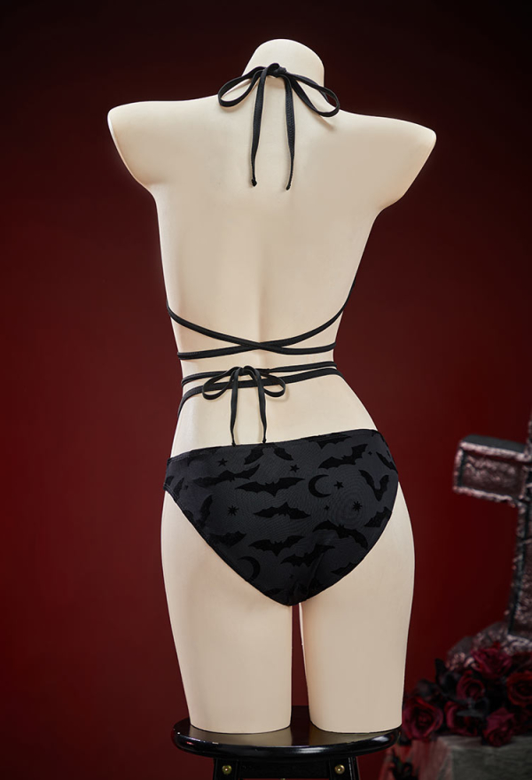 Nocturnal Waves Gothic Black Bat Pattern Two-piece Swimsuit Bikini Set Dark Style Lace Up Bathing Suit with Wrap Skirt