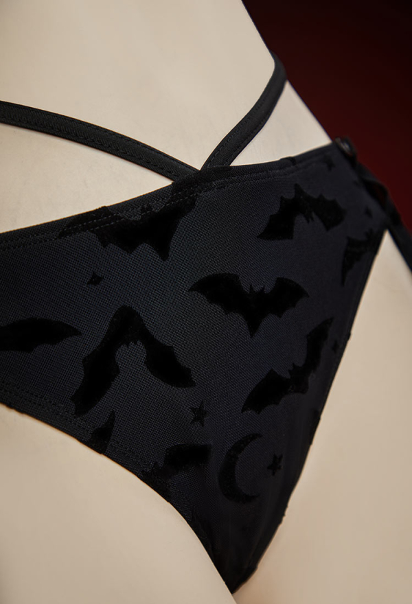 Nocturnal Waves Gothic Black Bat Pattern Two-piece Swimsuit Bikini Set Dark Style Lace Up Bathing Suit with Wrap Skirt