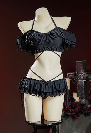 Timeless Abyss Black Victorian Swimwear Vintage Style Bathing Suit Halter Neck Top and Ruffle Mini Skirt Two Piece Swimsuit