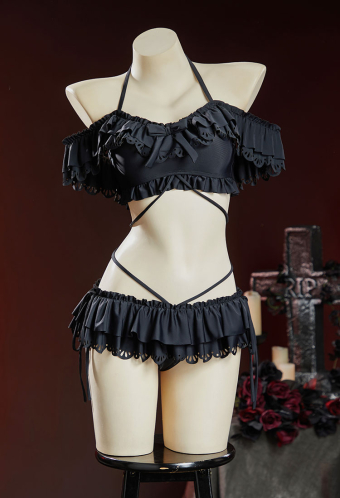 Timeless Abyss Black Victorian Swimwear Vintage Style Bathing Suit Halter Neck Top and Ruffle Mini Skirt Two Piece Swimsuit
