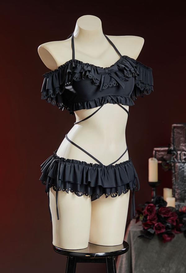 Timeless Abyss Black Victorian Swimwear Vintage Style Bathing Suit Halter Neck Top and Ruffle Mini Skirt Two Piece Swimsuit