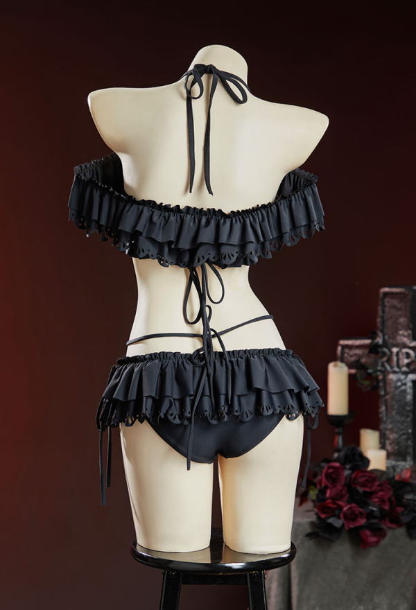 Timeless Abyss Black Victorian Swimwear Vintage Style Bathing Suit Halter Neck Top and Ruffle Mini Skirt Two Piece Swimsuit