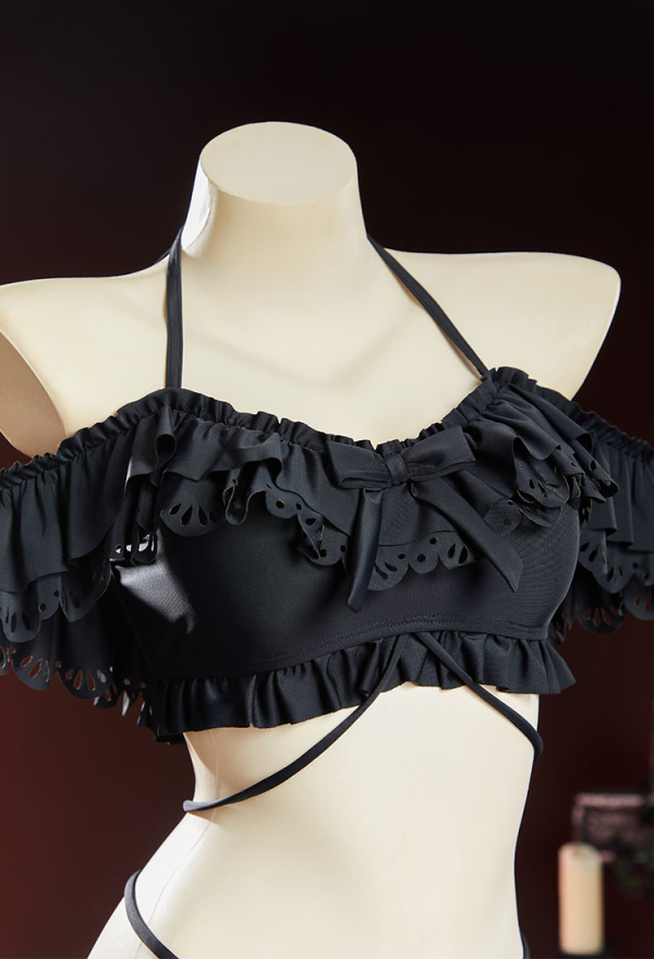 Timeless Abyss Black Victorian Swimwear Vintage Style Bathing Suit Halter Neck Top and Ruffle Mini Skirt Two Piece Swimsuit