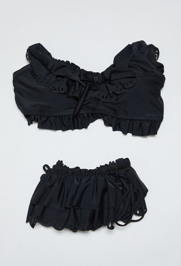 Timeless Abyss Black Victorian Swimwear Vintage Style Bathing Suit Halter Neck Top and Ruffle Mini Skirt Two Piece Swimsuit