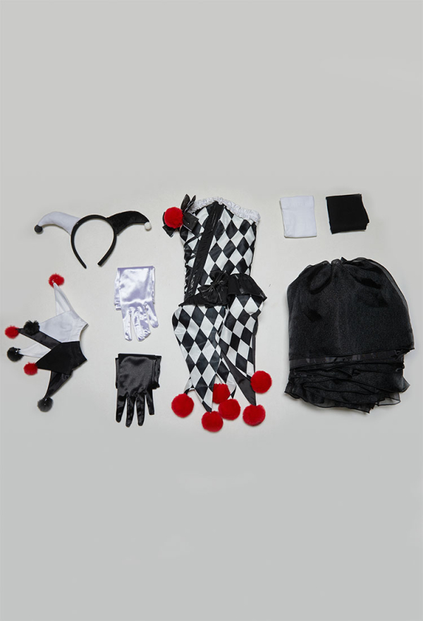 Moonlit Jester Gothic Plaid Clown Corset Skirt Set Black White Diamond Pattern Top and Puffy Skirt with Hairband and Collar