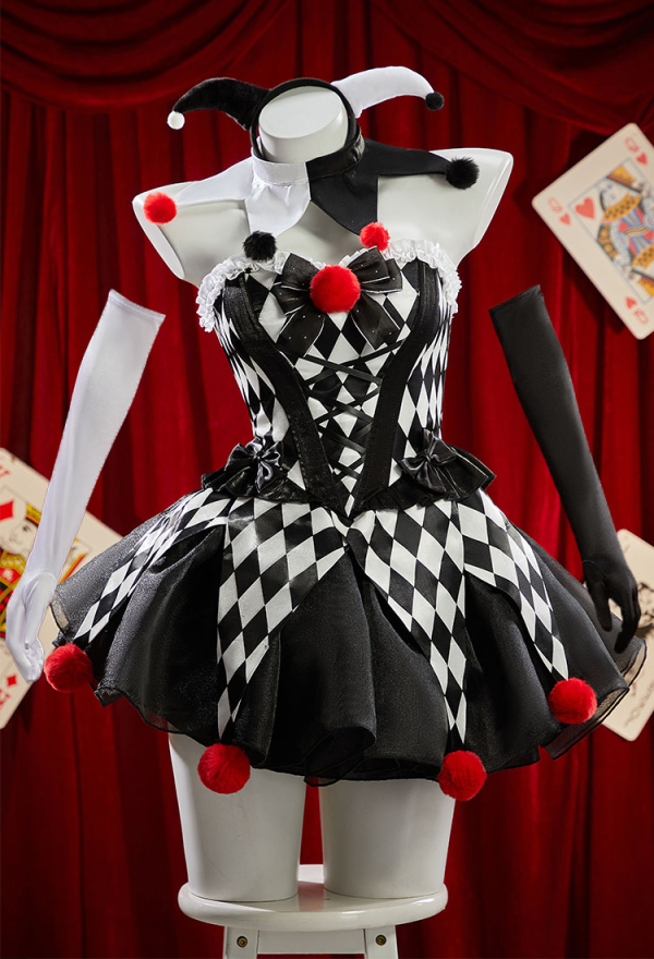 Moonlit Jester Gothic Plaid Clown Corset Skirt Set Black White Diamond Pattern Top and Puffy Skirt with Hairband and Collar