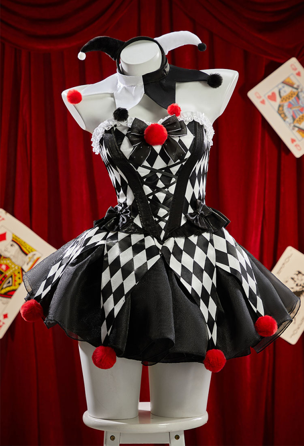 Moonlit Jester Gothic Plaid Clown Corset Skirt Set Black White Diamond Pattern Top and Puffy Skirt with Hairband and Collar