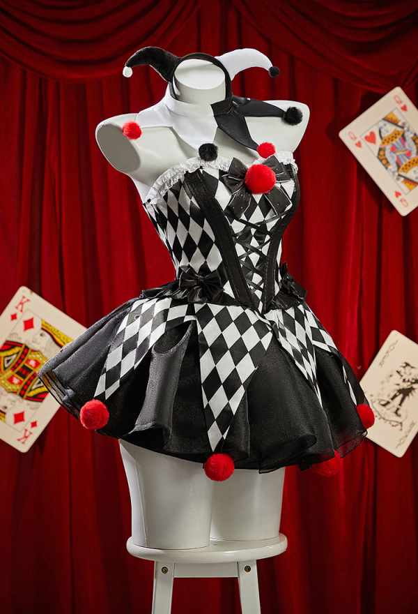 Moonlit Jester Gothic Plaid Clown Corset Skirt Set Black White Diamond Pattern Top and Puffy Skirt with Hairband and Collar