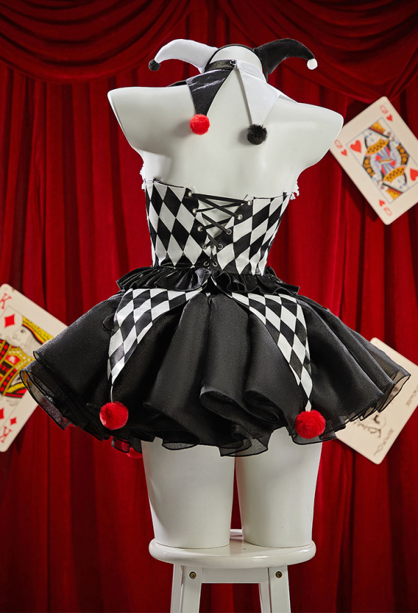 Moonlit Jester Gothic Plaid Clown Corset Skirt Set Black White Diamond Pattern Top and Puffy Skirt with Hairband and Collar