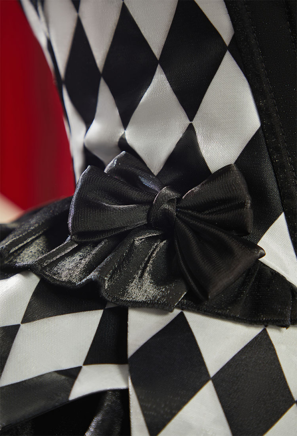 Moonlit Jester Gothic Plaid Clown Corset Skirt Set Black White Diamond Pattern Top and Puffy Skirt with Hairband and Collar