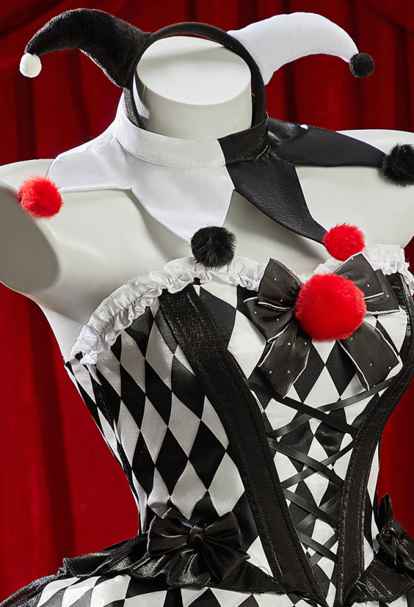 Moonlit Jester Gothic Plaid Clown Corset Skirt Set Black White Diamond Pattern Top and Puffy Skirt with Hairband and Collar