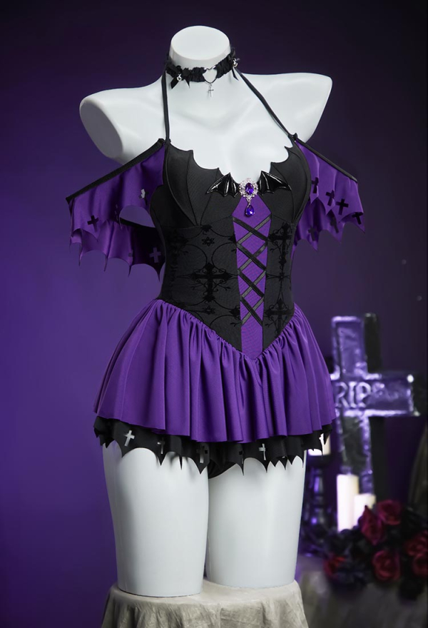 Haunted Night Purple Bat Swimsuit Off-Shoulder Beach Dress Lace-up One Piece Swimsuit with Choker Haunted Night Purple Bat Swimsuit Off-Shoulder Beach Dress Lace-up One Piece Swimsuit with Choker