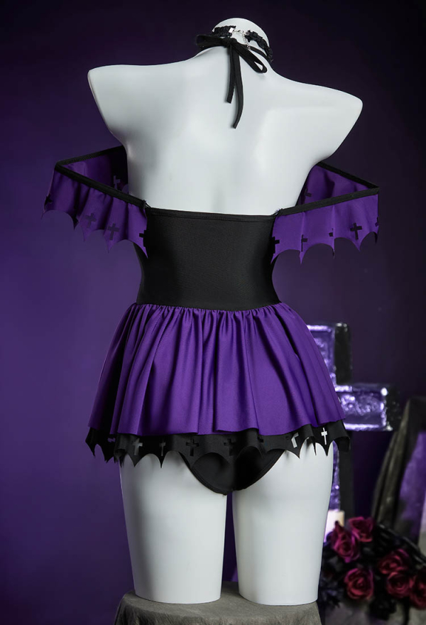 Haunted Night Purple Bat Swimsuit Off-Shoulder Beach Dress Lace-up One Piece Swimsuit with Choker Haunted Night Purple Bat Swimsuit Off-Shoulder Beach Dress Lace-up One Piece Swimsuit with Choker