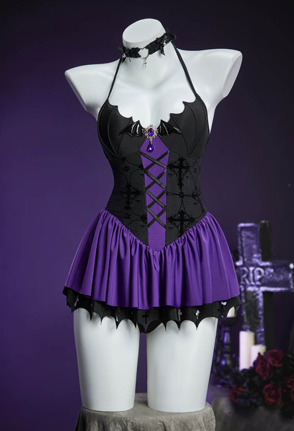 Haunted Night Purple Bat Swimsuit Off-Shoulder Beach Dress Lace-up One Piece Swimsuit with Choker Haunted Night Purple Bat Swimsuit Off-Shoulder Beach Dress Lace-up One Piece Swimsuit with Choker