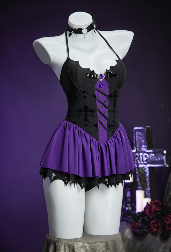 Haunted Night Purple Bat Swimsuit Off-Shoulder Beach Dress Lace-up One Piece Swimsuit with Choker Haunted Night Purple Bat Swimsuit Off-Shoulder Beach Dress Lace-up One Piece Swimsuit with Choker