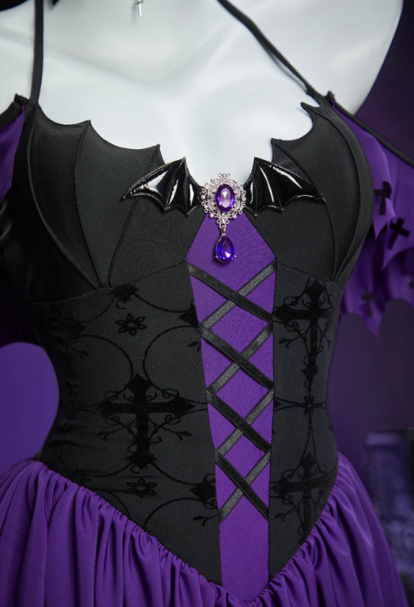Haunted Night Purple Bat Swimsuit Off-Shoulder Beach Dress Lace-up One Piece Swimsuit with Choker Haunted Night Purple Bat Swimsuit Off-Shoulder Beach Dress Lace-up One Piece Swimsuit with Choker