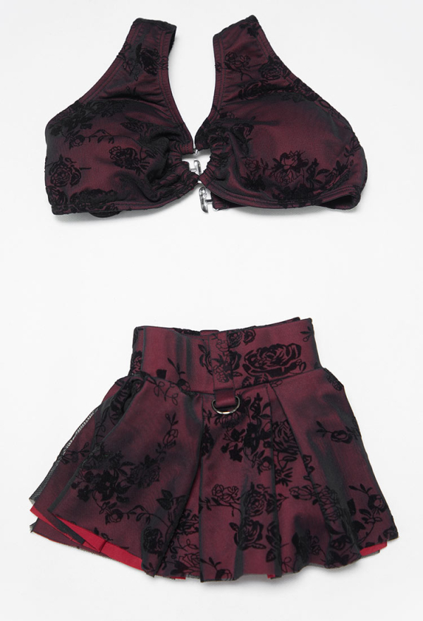 Timeless Abyss Gothic Black Red Rose Design Two-piece Swimsuit Dark Style Halter Top Mini Culottes Bathing Suit Timeless Abyss Gothic Black Red Rose Design Two-piece Swimsuit Dark Style Halter Top Mini Culottes Bathing Suit