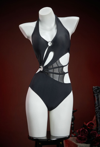 Night Spinner Gothic Black Spiderweb Design One Piece Swimsuit Cutout Halter Bathing Suit