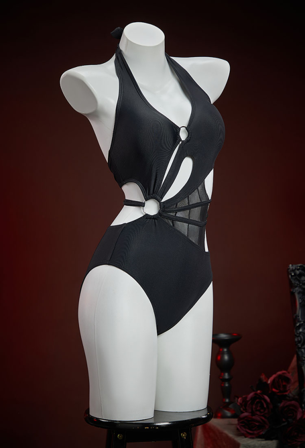 Night Spinner Gothic Black Spiderweb Design One Piece Swimsuit Cutout Halter Bathing Suit Night Spinner Gothic Black Spiderweb Design One Piece Swimsuit Cutout Halter Bathing Suit