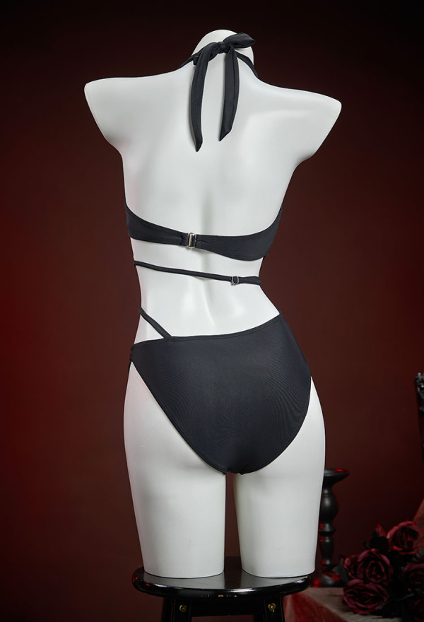 Night Spinner Gothic Black Spiderweb Design One Piece Swimsuit Cutout Halter Bathing Suit Night Spinner Gothic Black Spiderweb Design One Piece Swimsuit Cutout Halter Bathing Suit