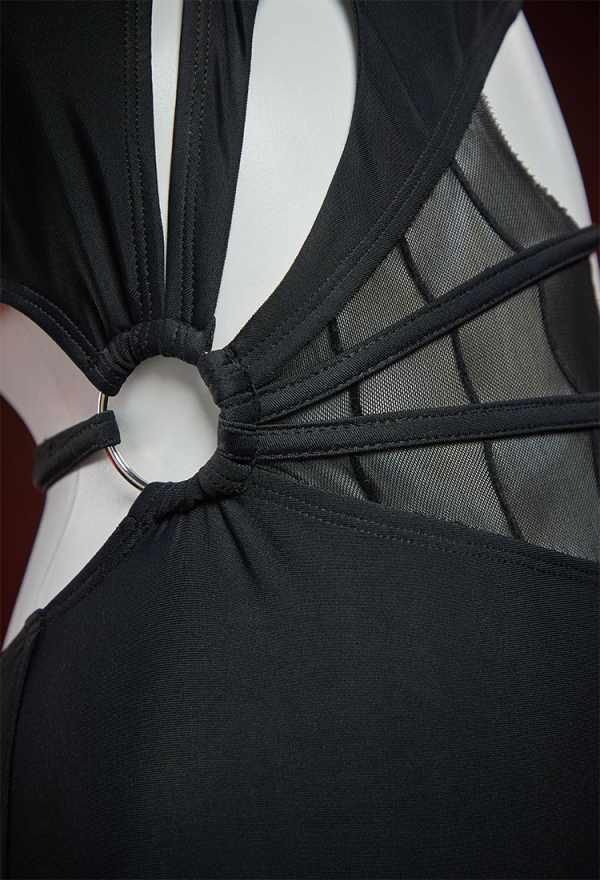 Night Spinner Gothic Black Spiderweb Design One Piece Swimsuit Cutout Halter Bathing Suit Night Spinner Gothic Black Spiderweb Design One Piece Swimsuit Cutout Halter Bathing Suit