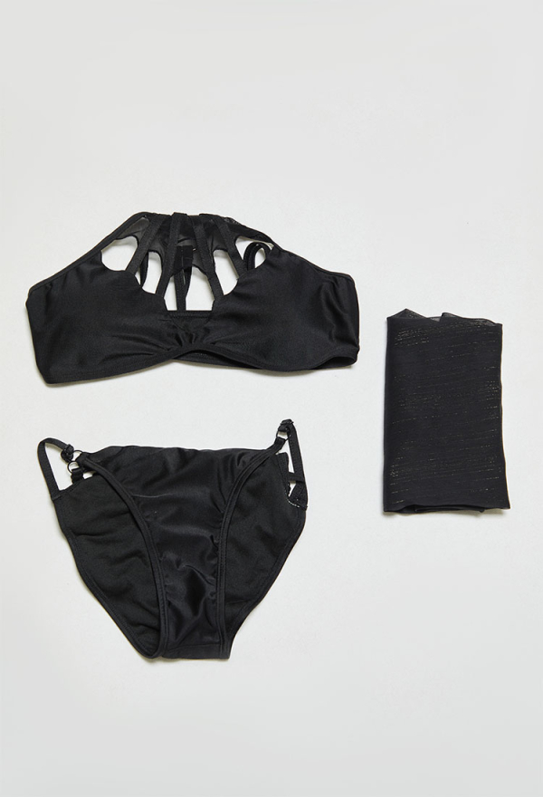 Night Spinner Gothic Black Spiderweb Design Two-Piece Swimsuit Cutout Halter Top and Briefs Bathing Suit with Wrap Skirt